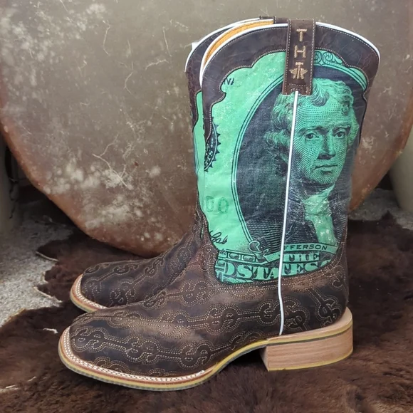 TIN HAUL men's DEUCE money themed square toe leather cowboy boot sz 13EE NWT